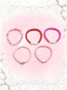 ROMWE Kawaii Bộ 5 chiếc vòng tay gốm mềm mại đính hạt chữ cái dễ thương dành cho nữ, lý tưởng làm quà tặng ngày Valentine (bao gồm vòng tay và thiệp). - Nhiều màu - Xem 2