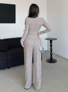 DAZY 女士长袖修身T恤和抽绳长裤套装，秋冬家居服两件套