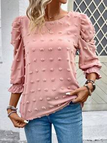 EMERY ROSE Jacquard Blouse With Ruffled Hem,Three Quarter Sleeve Tops