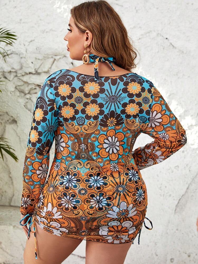 Plus Size Women's Floral Print Halter Neck Bikini With Tie Waist Carnival Summer