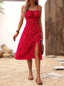 EMERY ROSE Vestido camisero con estampado floral y bajo dividido para ropa de Año Nuevo, vestidos de playa y vacaciones para mujeres
