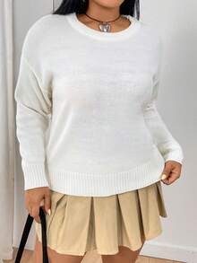 Flirla 女士加大尺碼純色圓領下肩針織衫 - 白色 - 查看 6