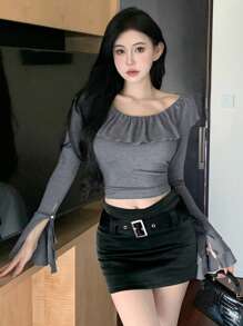 DAZY 女式修身荷叶边下摆 T 恤，秋季服装长袖女式上衣短款女式上衣 - 灰色 - 查看 1