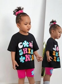 SHEIN 寶寶女孩可愛花卉和字母短袖T卹，連彈性腰短褲套裝 - 彩色 - 查看 5