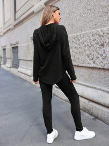 SHEIN Essnce Knitted Ribbed Long Sleeve T-Shirt And Leggings Set - Black - View 2