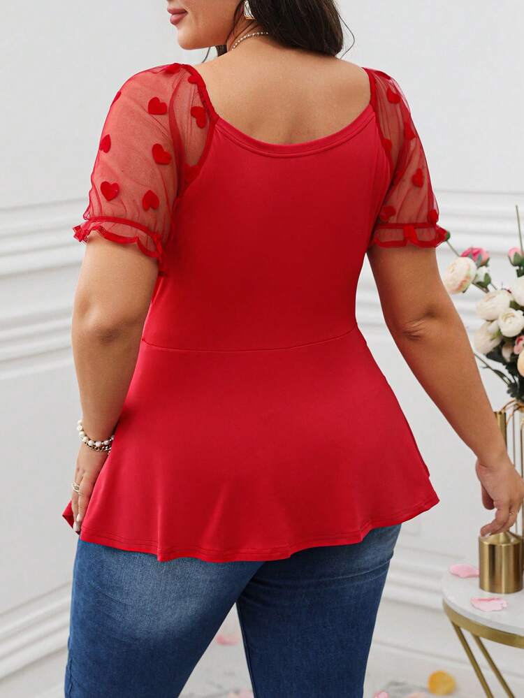 Plus Size Heart Mesh Insert Shirred Hem Raglan Sleeve Tie Front Top