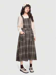 ROMWE Plaid Pinafore Dress With Double Pockets - Brown - View 1