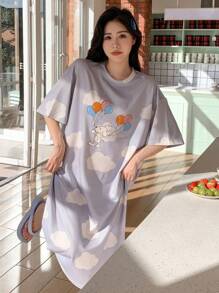 DAZY Cartoon Cloud Print Round Neck Sleep Dress Pajama - Blue - View 4