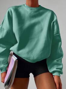 RueChic Solid Drop Shoulder Sweatshirt - Olive Green - View 5