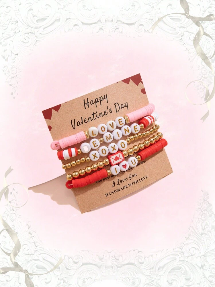 5pcs Sweet & Cute Letter Beaded Soft Clay Bracelet Set, Suitable For Daily Wear, Best Gift For Friends And Lovers On Valentine's Day