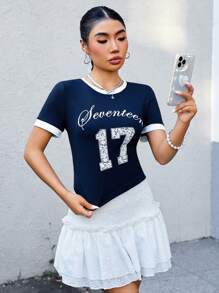 SHEIN EZwear Ngắn tay Lá thư In Của phụ nữ Áo thun - Màu xanh hải quân - Xem 5