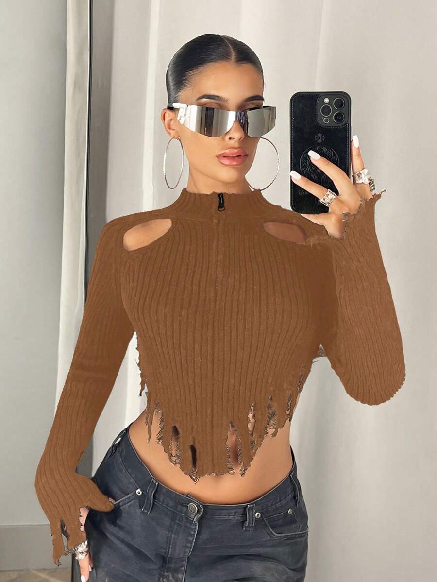 SHEIN ICON Cut-Out Detail Zipper Front Short Crop Cardigan - Khaki - View 1