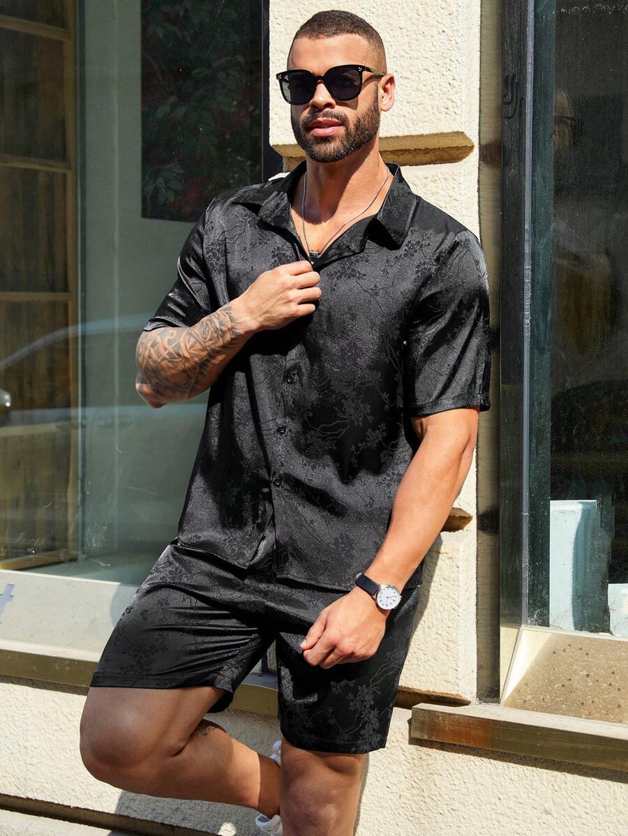 Manfinity Homme 男士加大尺碼實心提花兩件套裝 - 黑色 - 查看 1