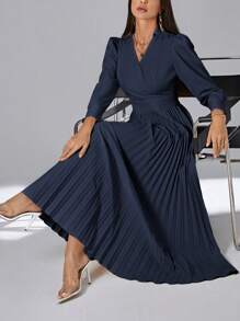 SHEIN Privé Women's Turn Down Collar Pleated Hem Dress - Navy Blue - View 1