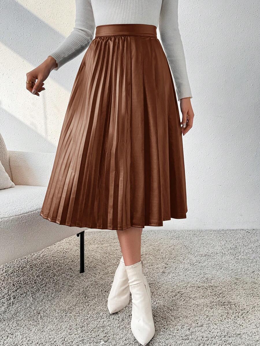 SHEIN Privé 高腰百褶裙 - 棕色 - 查看 1