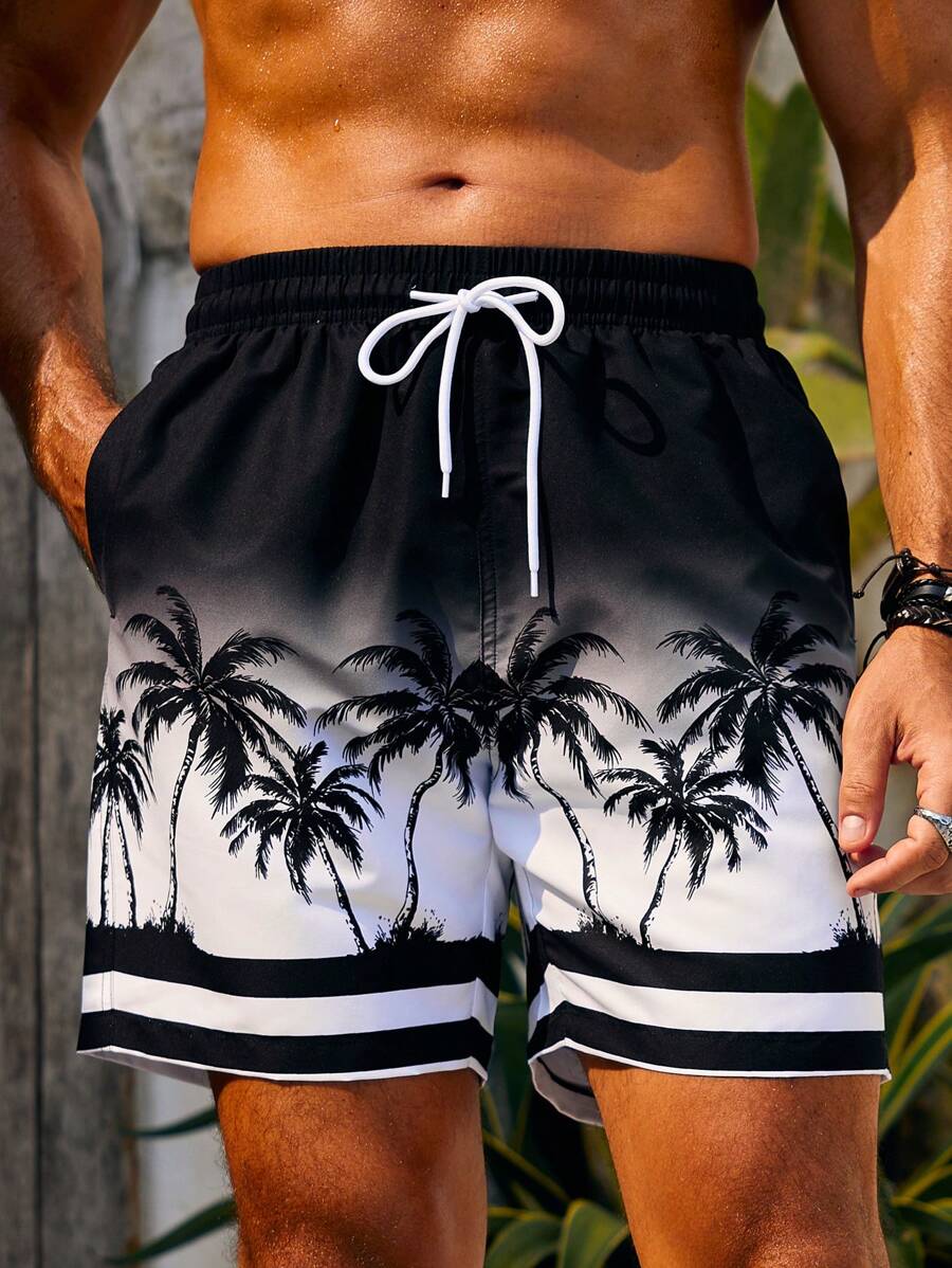 Manfinity KASUA Men's Gradient Color Beach Shorts With Coconut Tree ...