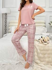 字母和心形圖案睡衣套裝,粉色和白色格紋休閒長褲 - 粉色 - 查看 6