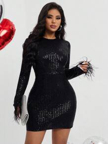 Chiquease 女式閃亮長袖連衣裙,配毛茸茸袖口 - 黑色 - 查看 4