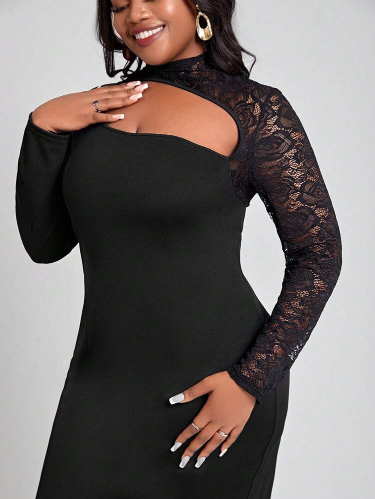 Plus Size Hollow Out Detail Lace Panel Dress