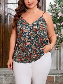 SHEIN Clasi Plus Size Summer Floral Printed Spring Green Cami Top - Green - View 1