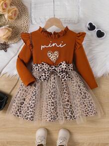 SHEIN 小女孩心型字母印花網布拼接洋裝 - 棕色 - 查看 1