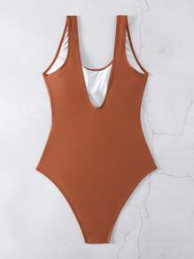 SHEIN Swim 女士纯色连体泳衣，撞色缝线，嘉年华夏季 - 棕色 - 查看 6