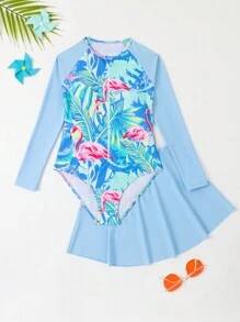 Tween Girls' One Piece Swimsuit With Tropical Plant Print - Multicolor - View 1