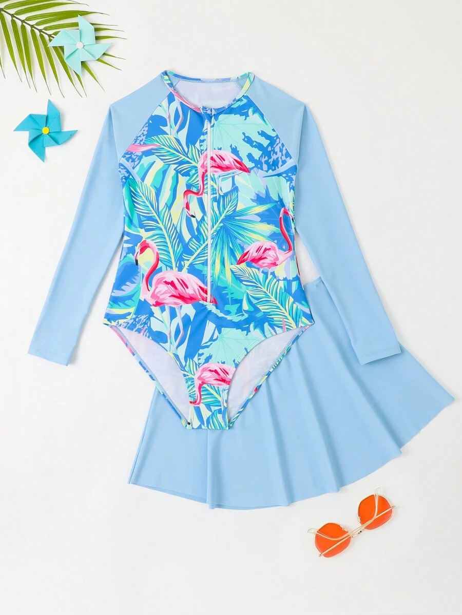 Tween Girls' One Piece Swimsuit With Tropical Plant Print - Multicolor - View 1