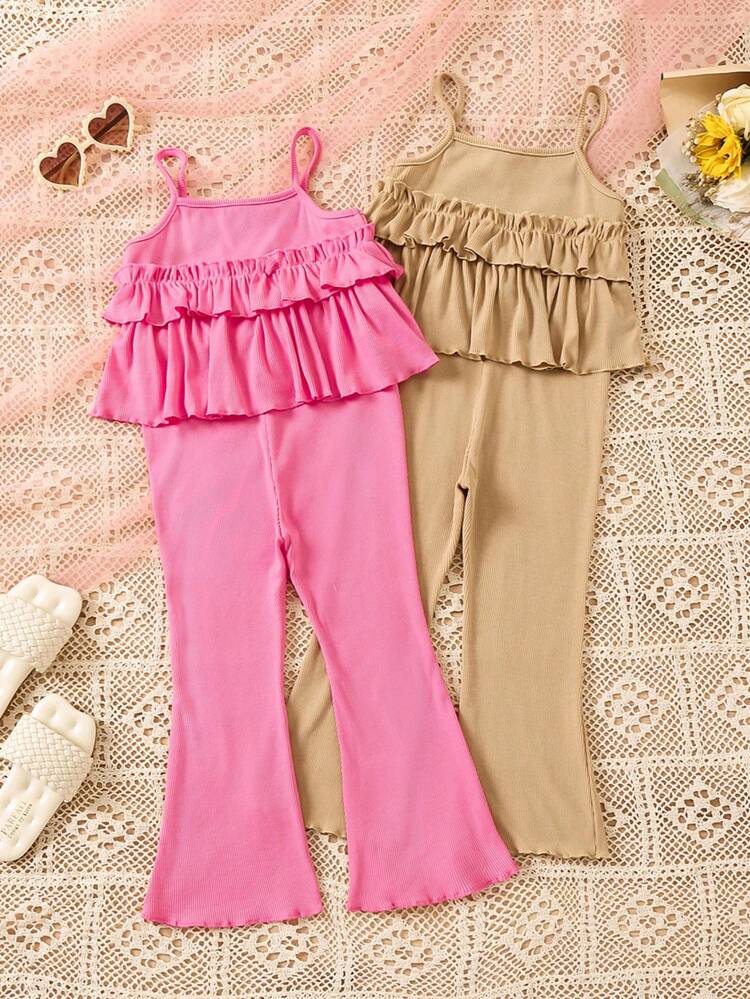 Little Girls' Simple Urban Style Leisure Ruffle Cami Flare Jumpsuit