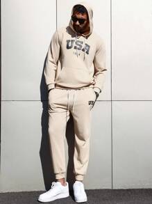 Manfinity Homme Set Di Due Pezzi Di Felpe Con Cappuccio E Pantaloni Della Tuta Con Stampa Di Lettere Per Uomo Di Taglia Forte Con Stringhe
