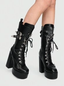 ROMWE Grunge Punk Ladies' Punk Style High-Heel Combat Boots With Chain Decoration - Black - View 1