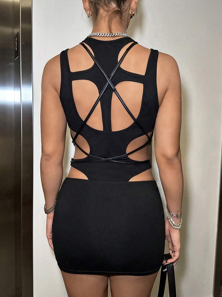 Solid Bodycon Hollow Out Design Dress With O-Ring Crisscross Halter Top