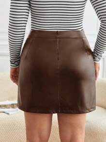 SHEIN Frenchy Plus Size Women's Straight Skirt With Slit Hem - Khaki - View 2