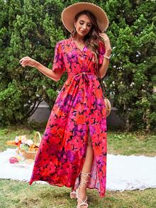 SHEIN VCAY 花卉印花側開衩繫腰帶女式度假連身裙 - 彩色 - 查看 5