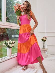 SHEIN VCAY Women's Color-Block Spaghetti Strap Shirred Dress For Summer Holiday And Date Night - Pink - View 6