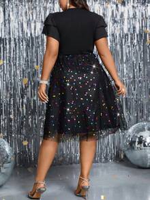 SHEIN BAE 大尺碼雙層喇叭袖波點網狀蓋邊裙,無腰帶設計 - 黑色 - 查看 2