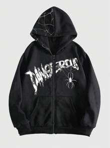 ROMWE MEN Grunge Punk Áo hoodie in chữ và nhện cho nam có lót nhiệt cho Halloween, trường học - màu đen - Xem 2