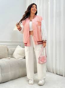 SHEIN EZwear Plus Size Color Block Padded Coat With Letter Embroidery - Pink - View 5