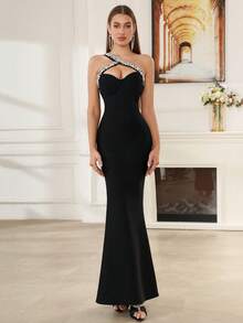 Modphy Đầm maxi dáng đuôi cá màu xanh nhạt gợi cảm, lệch vai, đính đá lấp lánh, thích hợp cho các buổi tiệc tối trang trọng, đám cưới, kỳ nghỉ, tiệc Giáng sinh và các dịp khác. - màu đen - Xem 6