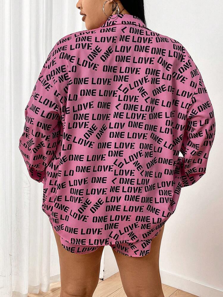 Plus Size Letter Printed Long Sleeve Shirt, Shorts And Cami Top Outfit