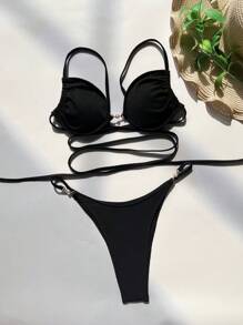 SHEIN Swim Two-Piece Bikini Set Music Festival Summer Beach - Black - View 5