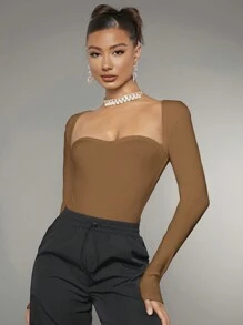 SHEIN BAE Long Sleeve Slim Fit Bodysuit - Brown - View 1