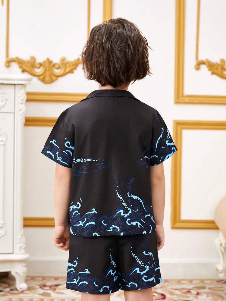 Young Boys Shark Printed Short Sleeve Shirt And Shorts Set