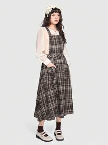 ROMWE Plaid Pinafore Dress With Double Pockets - Brown - View 4