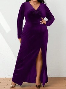SHEIN Belle Plus Size Women's Deep V-Neck Ruched Front Slit Dress - Purple - View 5
