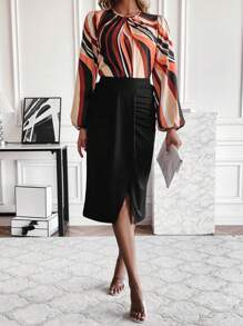 SHEIN Clasi Printed Lantern Sleeve Shirt And Skirt Set