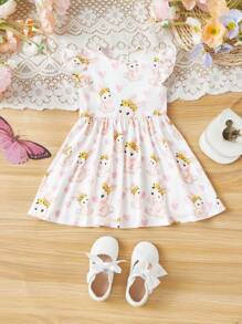 SHEIN Baby Girl Lovely Rabbit & Heart Pattern Short Sleeve A-Line Dress - White - View 1