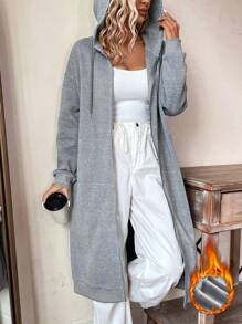 SHEIN LUNE Women's Long Hooded Fleece Sweatshirt With Drawstring - Grey - View 1