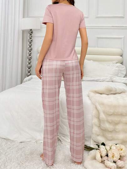 Letter Heart Print Pajama Set Roze Wit Plaid Lounge Pants view 2