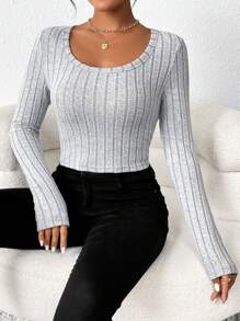 SHEIN Essnce Women's Solid Color Ribbed Knit T-Shirt